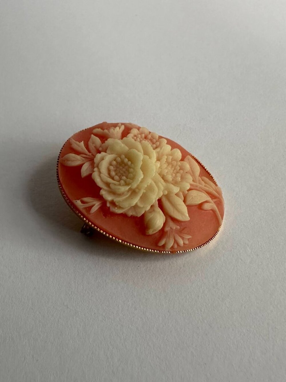 Vintage Floral Cameo Brooch | Pink & Ivory Carved Resin Pin | Gold Tone Setting